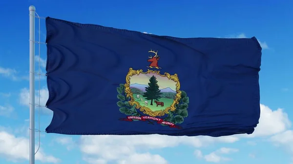 Vermont flag on a flagpole waving in the wind, blue sky background. 3d rendering — Stock Photo, Image