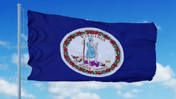 Bandeira da Virgínia num mastro acenando ao vento, fundo azul do céu. Renderização 3d — Fotografia de Stock