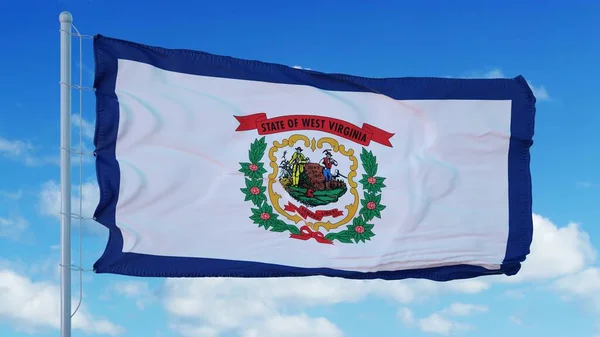 Bandeira da Virgínia Ocidental num mastro acenando ao vento, fundo azul do céu. Renderização 3d — Fotografia de Stock