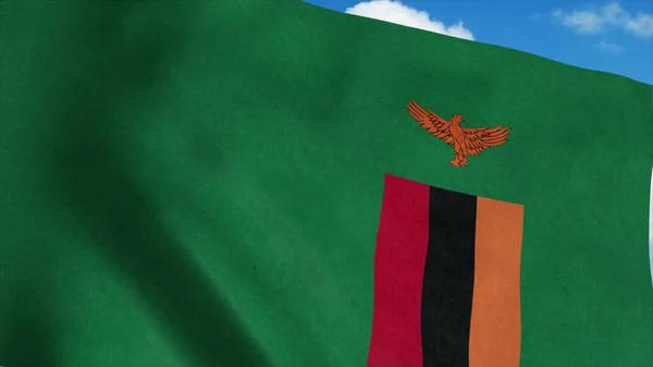 Bandera de Zambia en un asta de la bandera ondeando en el viento, fondo azul del cielo. renderizado 3d —  Fotos de Stock