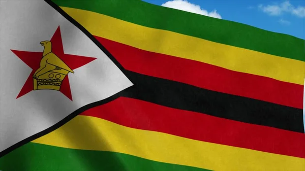 Zimbabwe flagga på en flaggstång viftande i vinden, blå himmel bakgrund. 3d-konvertering — Stockfoto