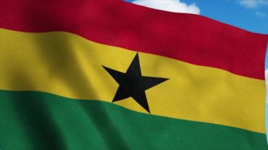 Rüzgarda dalgalanan Gana bayrağı, mavi gökyüzü arka planı. 4K