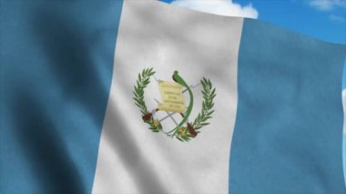 Guatemala bayrağı rüzgarda dalgalanıyor, mavi gökyüzü arka planı. 4K