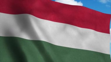 Rüzgarda dalgalanan Macaristan bayrağı, mavi gökyüzü arka planı. 4K
