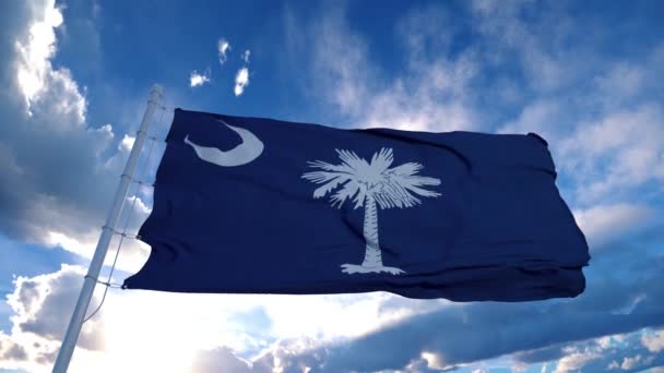 Bandeira da Carolina do Sul em um mastro acenando ao vento, fundo azul do céu. 4K — Vídeo de Stock