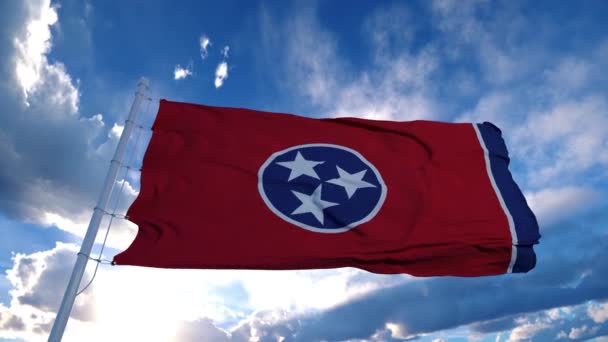 Tennessee flag on a flagpole waving in the wind, blue sky background. 4K — Stock Video