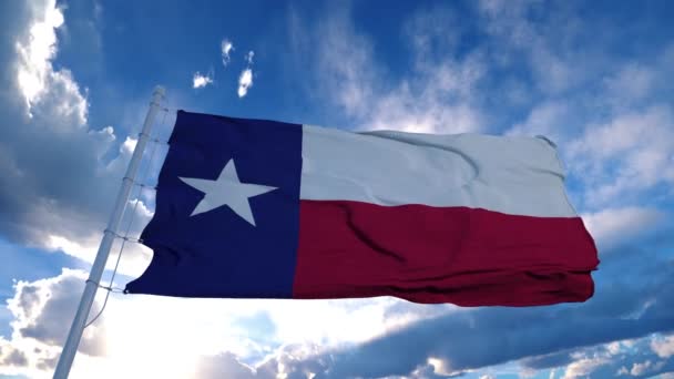 Drapeau du Texas sur un mât de drapeau agitant le vent, fond bleu ciel. 4K — Video