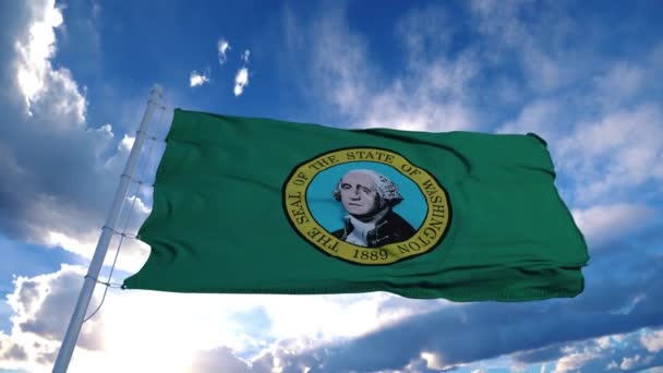 Washington vlag op een vlaggenmast zwaaiend in de wind, blauwe lucht achtergrond. 4K — Stockvideo