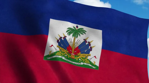 Haiti flaga macha na wietrze, niebieskie tło nieba. 3d renderowanie — Zdjęcie stockowe