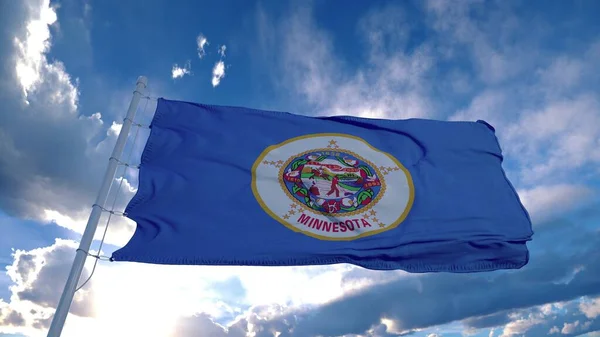 Bandera de Minnesota en un asta de la bandera ondeando en el viento, fondo azul del cielo. renderizado 3d —  Fotos de Stock