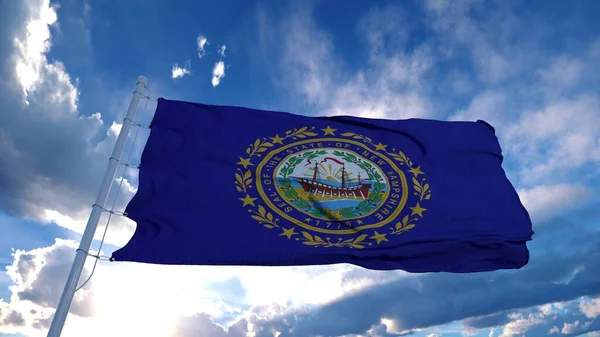 Bandera de New Hampshire en un asta de la bandera ondeando en el viento, fondo azul del cielo. renderizado 3d — Foto de Stock