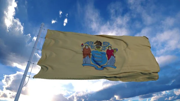 Drapeau du New Jersey sur un mât de drapeau agitant dans le vent, fond bleu ciel. Rendu 3d — Photo