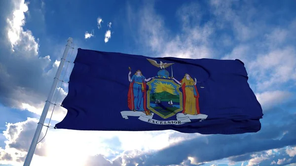 Bandera de Nueva York en un asta de la bandera ondeando en el viento, fondo azul del cielo. renderizado 3d —  Fotos de Stock