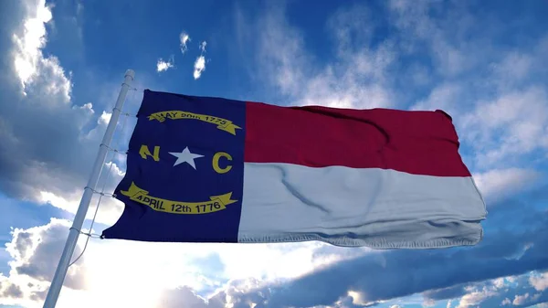 North Carolina flag on a flagpole waving in the wind, blue sky background. 3d rendering — Stock Photo, Image