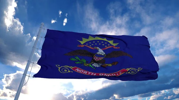 Severní Dakota vlajka na stožáru vlnící se ve větru, modrá obloha pozadí. 3D vykreslování — Stock fotografie
