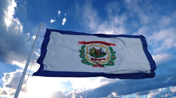 West Virginia Flagge auf einem Fahnenmast weht im Wind, blauer Himmel Hintergrund. 3D-Darstellung — Stockfoto