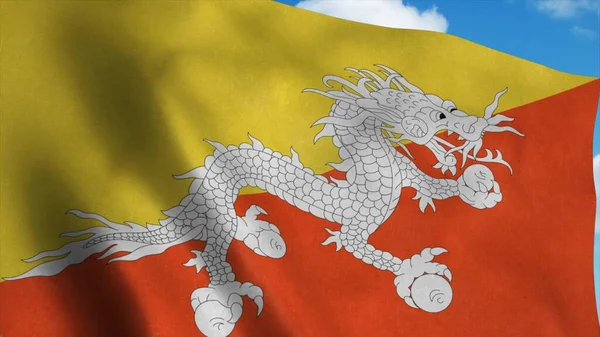 Bhutan flag waving in the wind, blue sky background. 3d rendering — Stock Photo, Image