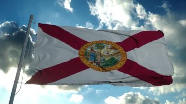 Florida bayrağı gökyüzünde dalgalanan bir bayrak direğinde. Florida Eyaleti Amerika Birleşik Devletleri