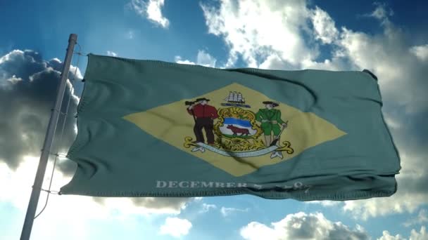 Bandeira de Delaware em um mastro de bandeira acenando no vento no céu. Estado de Delaware nos Estados Unidos da América — Vídeo de Stock