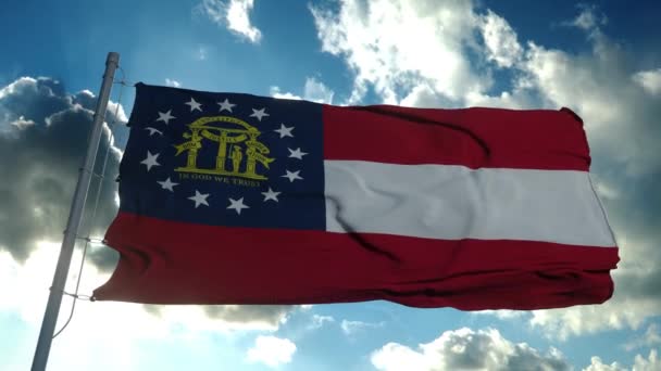 Bandera de Georgia en un asta de la bandera ondeando en el viento en el cielo. Estado de Georgia en Los Estados Unidos de América — Vídeo de stock