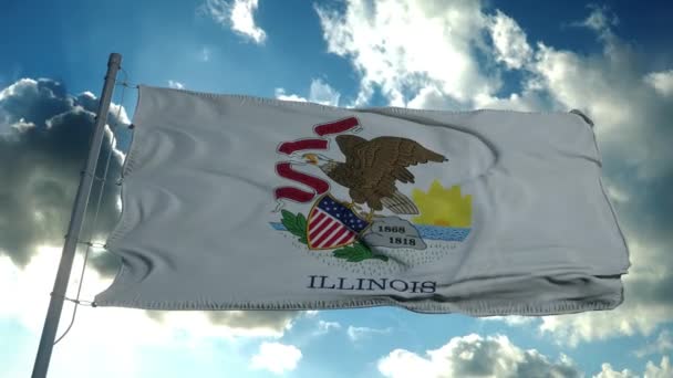 Σημαία του Ιλινόις σε κοντάρι σημαίας που ανεμίζει στον ουρανό. Πολιτεία του Ιλινόις στις Ηνωμένες Πολιτείες της Αμερικής — Αρχείο Βίντεο