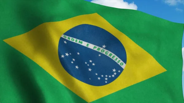 Σημαία Βραζιλίας κυματίζει στον άνεμο, μπλε φόντο του ουρανού. 3d απόδοση — Φωτογραφία Αρχείου