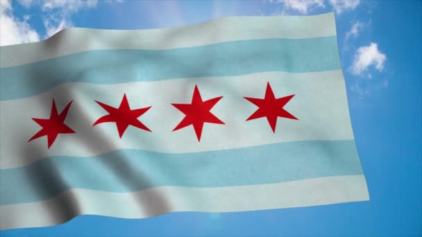 짙은 푸른 하늘을 배경으로 바람에 흔들 리는 시카고 시의 깃발 — 비디오