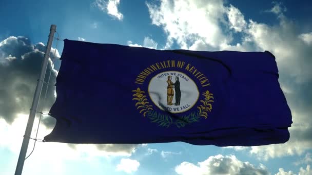 ธงเคนตั๊กกี้บนเสาธงโบกในลม พื้นหลังฟ้าสีฟ้า 4K — วีดีโอสต็อก