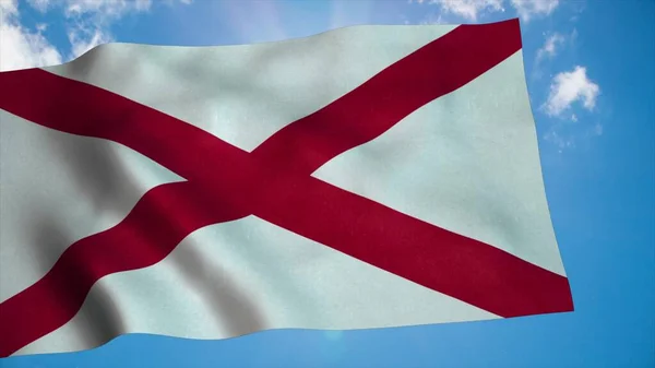 Bandeira do Alabama em um mastro de bandeira acenando no vento no céu. Renderização 3d — Fotografia de Stock
