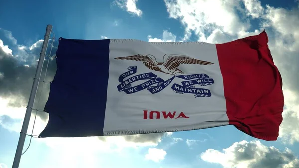 Iowa bayrağı rüzgarda sallanıyor güzel bulutların üzerinde. 3d oluşturma — Stok fotoğraf