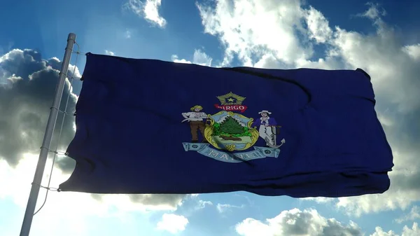 Bandera de Maine en un asta de la bandera ondeando en el viento, fondo azul del cielo. renderizado 3d —  Fotos de Stock