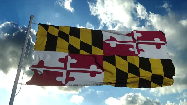 Maryland flag on a flagpole waving in the wind, blue sky background. 3d rendering