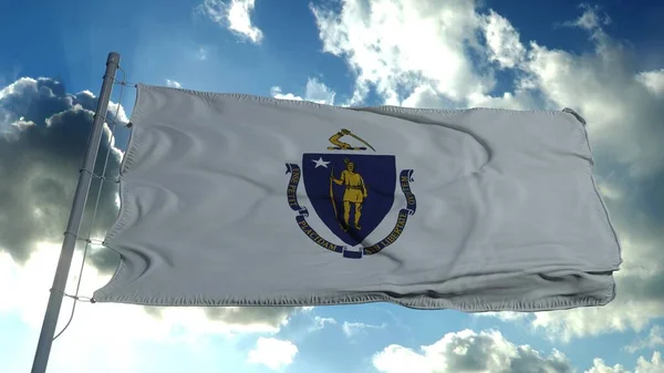 Bandera de Massachusetts en un asta de la bandera ondeando en el viento, fondo azul del cielo. renderizado 3d —  Fotos de Stock