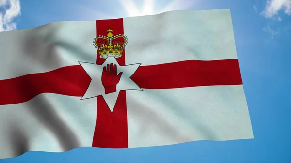 Bandeira nacional da Irlanda do Norte acenando ao vento, fundo azul do céu. Renderização 3d — Fotografia de Stock