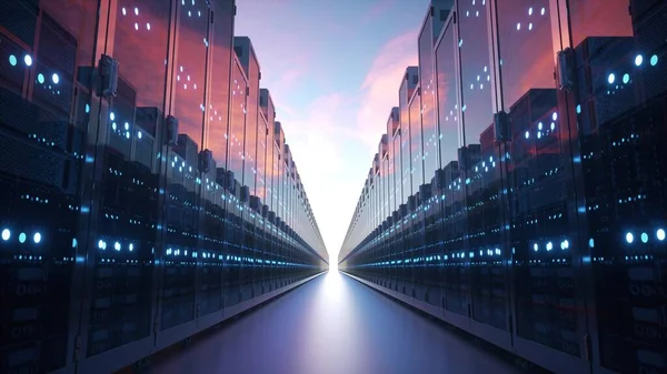 Bulut hesaplama ve bilgisayar ağı kavramı: bulutlu mavi gökyüzüne karşı ağ sunucuları dizileri. 3d oluşturma