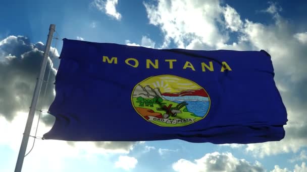 Drapeau du Montana sur un mât de drapeau agitant dans le vent, fond bleu ciel. 4K — Video