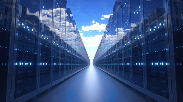 Serverové regály s modrou zataženou oblohou. 3D ilustrace — Stock fotografie