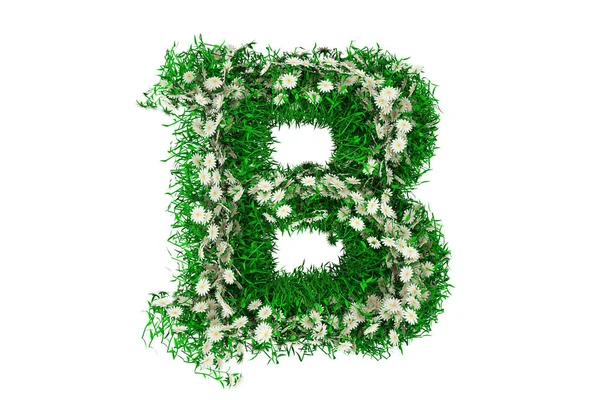 Buchstabe B von grünem Gras und Blumen. 3D-Darstellung — Stockfoto