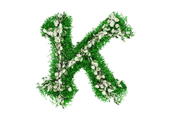 Lettera K di erba verde e fiori. rendering 3d — Foto Stock