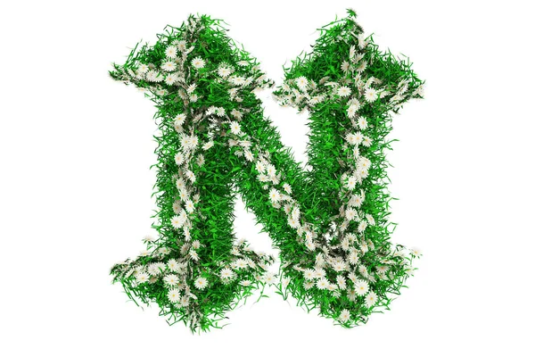 Лист N З зеленої трави і квітів. Шрифт для вашого дизайну. 3D ілюстрації — стокове фото