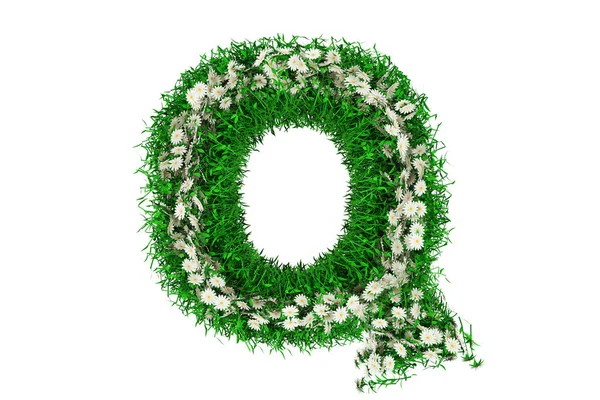 Buchstabe Q von grünem Gras und Blumen. 3D-Darstellung — Stockfoto