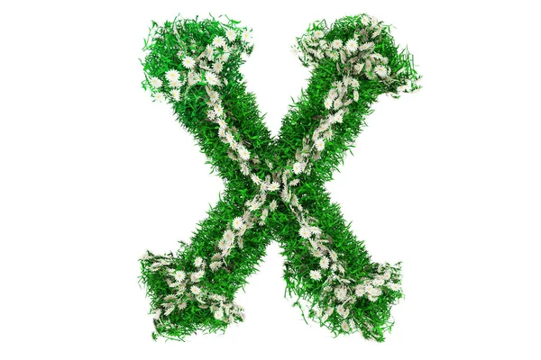 Lettera X di erba verde e fiori. Illustrazione 3D — Foto Stock