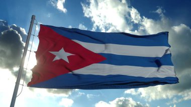 Derin mavi gökyüzüne karşı rüzgarda dalgalanan Küba bayrağı. Ulusal tema, uluslararası konsept. 3d oluşturma