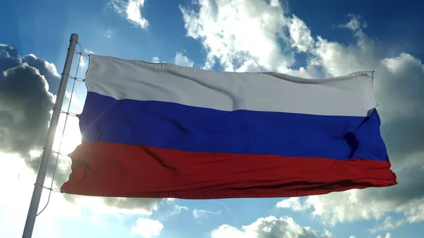 ロシアの国旗は、青い空に向かって風の中を飛んでいます。3Dレンダリング — ストック写真
