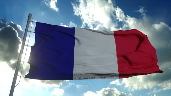 Die französische Nationalflagge weht im Wind vor blauem Himmel. 3D-Darstellung — Stockfoto
