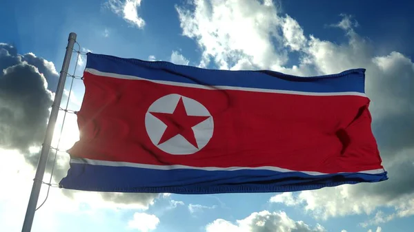 Bandera de Corea del Norte ondeando en el viento contra el cielo azul profundo. Tema nacional, concepto internacional. renderizado 3d — Foto de Stock