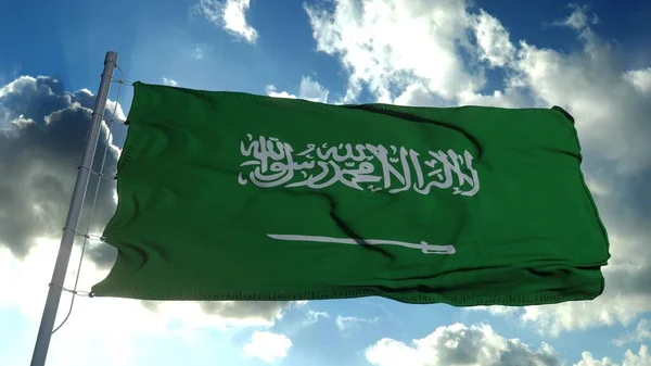 Saudiarabiens flagga viftar i vinden mot djupblå himmel. Nationellt tema, internationellt koncept. 3d-konvertering — Stockfoto