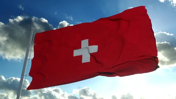 The national flag of Switzerland flutters in the wind against a blue sky. 3d rendering — Stock Photo, Image