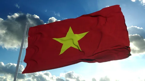 ベトナムのフラグは、風の中で深い青空に対して手を振る。3Dレンダリング — ストック写真