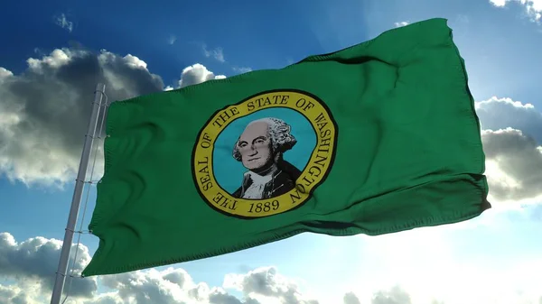 Vlag van de Amerikaanse staat Washington, regio van de Verenigde Staten, zwaaiend naar de wind. 3d destructie — Stockfoto